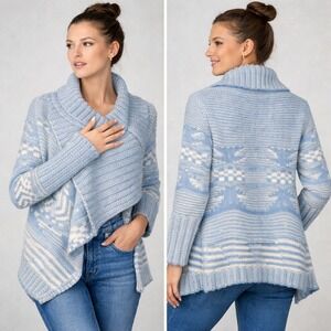 Love Stitch Waterfall Sweater Cardigan Women Small Blue White Wool Blend Chunky
